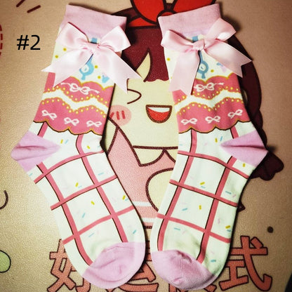 Pink Sweet Lolita Bowknot Plaid Calf Socks