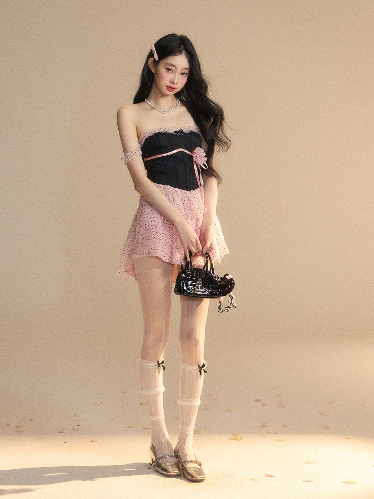 Dress Tiered Polka-Dot Mesh Skirt Floral Black  Pink Mini Accent Pattern