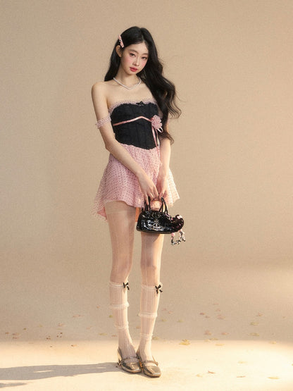 Dress Tiered Polka-Dot Mesh Skirt Floral Black  Pink Mini Accent Pattern