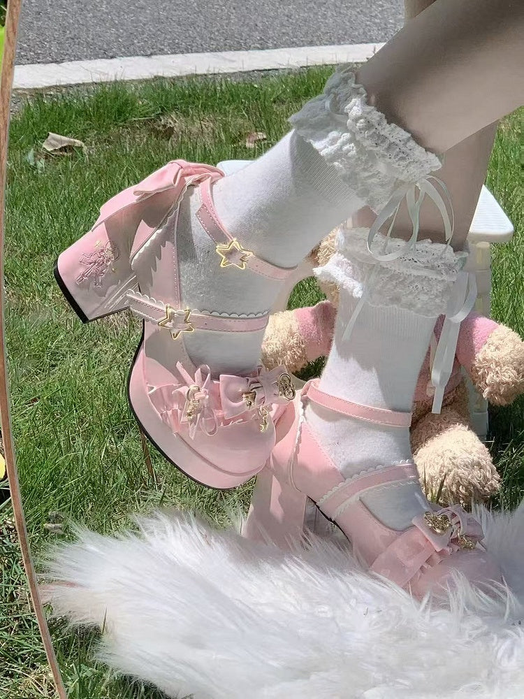 Star Hime Mary with Key Lolita Bow Shoes Fastener Decor Pink Top Jane