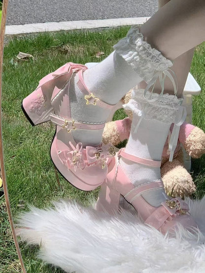 Star Hime Mary with Key Lolita Bow Shoes Fastener Decor Pink Top Jane