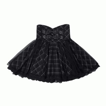 Bow Black Dual Skirt Jirai with Overlay Accents Plaid Layered High Waist Kei