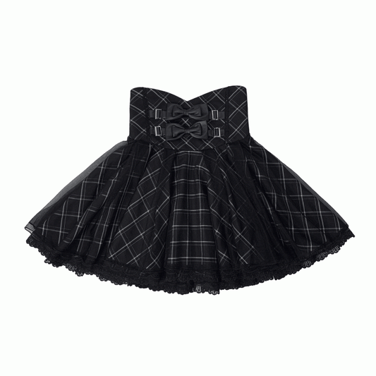 Bow Black Dual Skirt Jirai with Overlay Accents Plaid Layered High Waist Kei