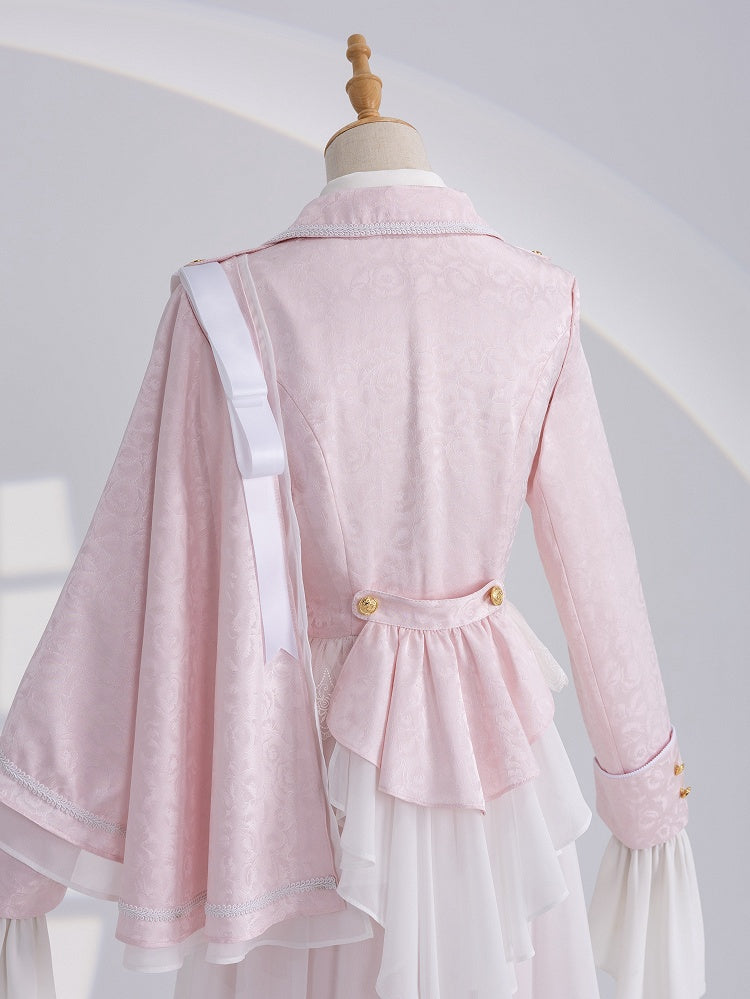 Pink Cherry Blossom Jacquard Coat with One-Shoulder Cape - DevilInspired Exclusive Collection