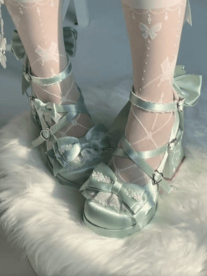 Jane Block Motif in Fastener Heart with Blossom Heel Green Bow Satin High Sweet Accents Shoes Cherry Mary Loltia