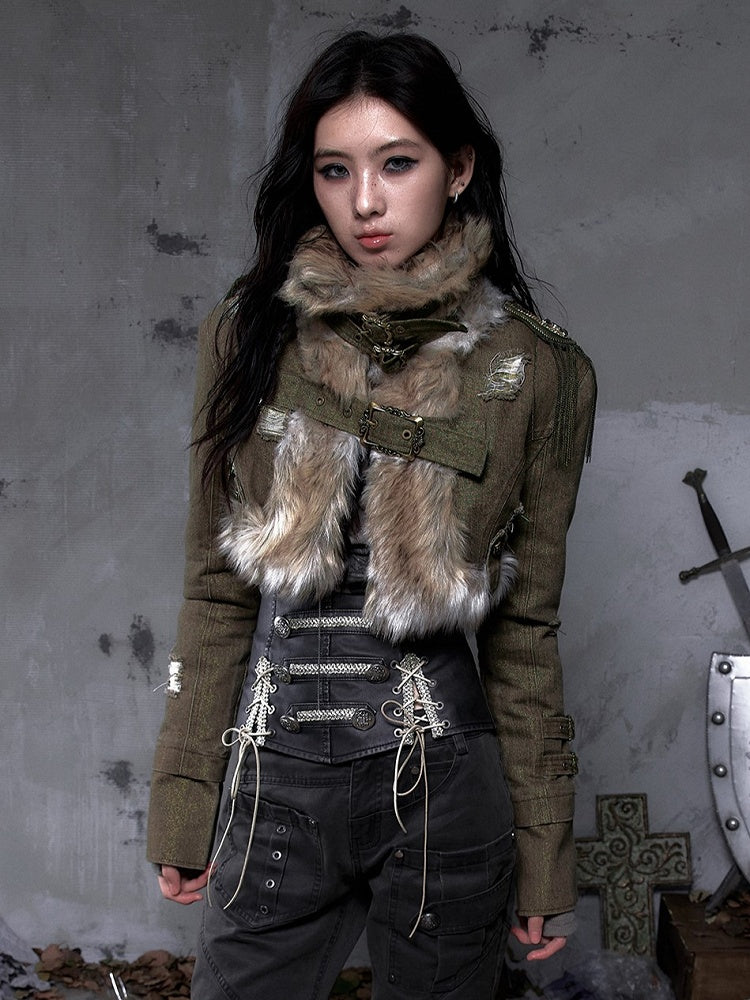 Buckle Punk Denim with Fur Crop Street Green Straps Faux Vintage Collar Jacket