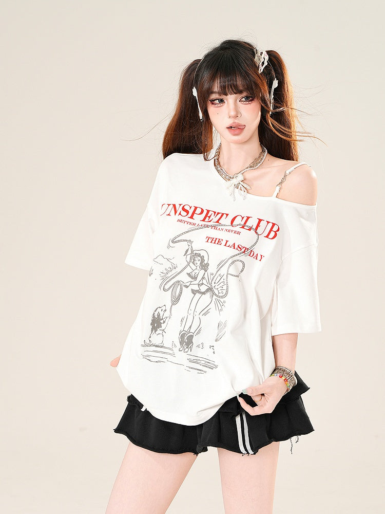 ホワイト アシンメトリーネックライン ルーズグラフィックTシャツ