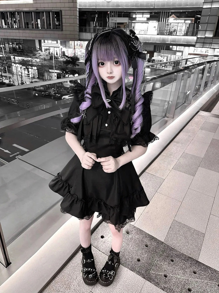 Ruffled Lace Short-Sleeve Matching Bow Black Tie Kei Dress Shorts Set + Jirai
