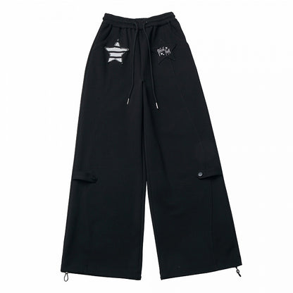 Pants Black Star Design Straight-Leg Stripe Applique with Drawstring
