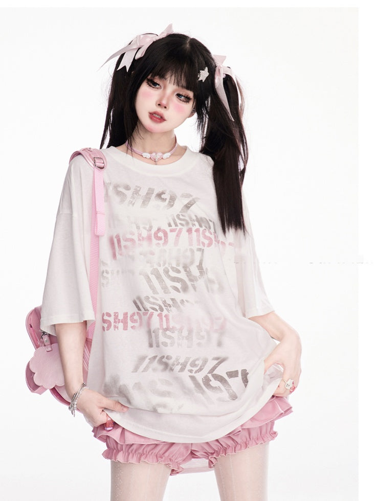 オーバーサイズTシャツ ネックレタープリント ホワイト ラウンド