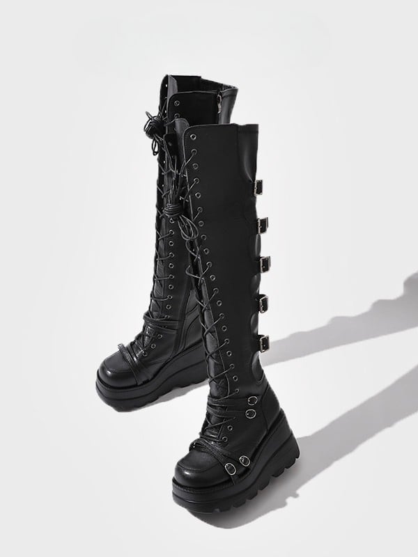 Thigh-high Black Lace-up Platform Closure Boots - Punk