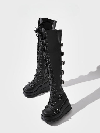 Thigh-high Black Lace-up Platform Closure Boots - Punk