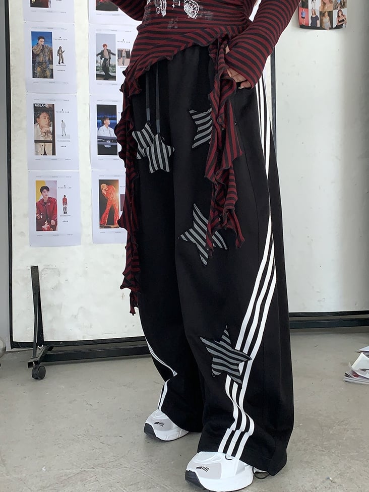 Size Black Wide-leg Casual Pants with Striped Star Appliques Plus Y2K