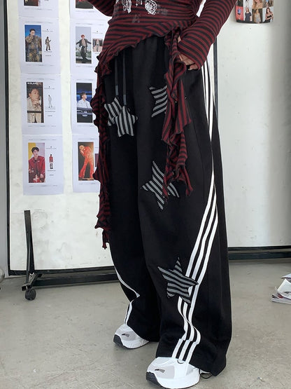 Size Black Wide-leg Casual Pants with Striped Star Appliques Plus Y2K