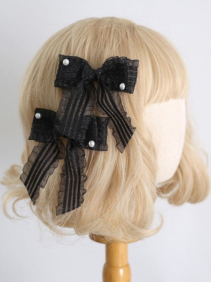 Black Striped Beaded Bowknot Sweet Pattern Decorated Hairclips Lolita