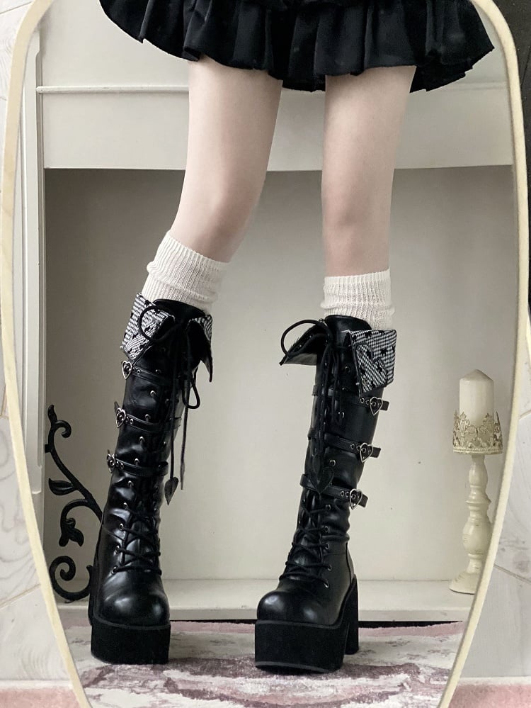 Heel Fold-over Cuff Block Black Platform Boots