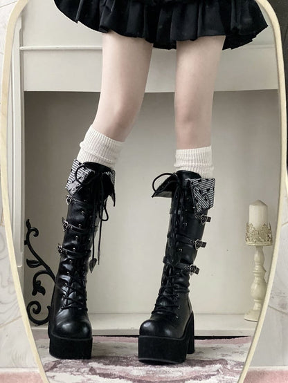 Heel Fold-over Cuff Block Black Platform Boots