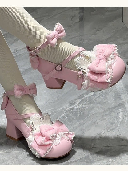 Bunny Ear Low/Mid Janes Pink – Punktakzente mit süßen Lolita-Schleifen, Mary Heels, runde Zehenpartie, Polka