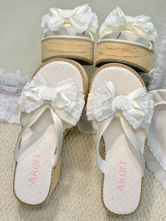 Top Platform Heart - Accent Slippers Bow Off-white Grain Wood with Lolita
