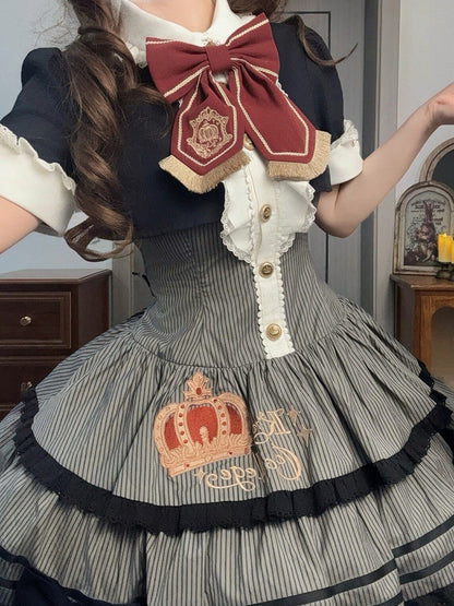 Monochrome Preppy Striped Two-Piece Gown with Crown Embroidery - Fairy Faith