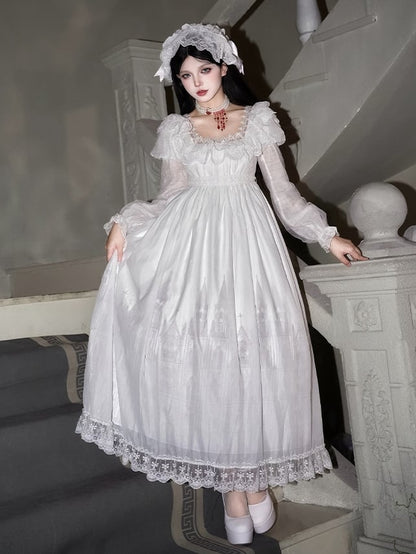 Dress Square Neckline Lace Long Goth Cross Print Trim White Lolita Gothic Castle Version