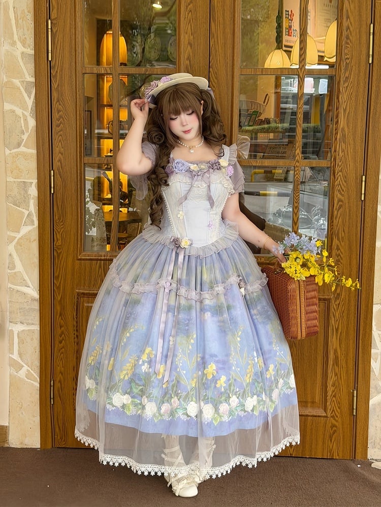 Purple Oil Painting Print Lolita Jumper Skirt Dress with Bustier-Style Boned Bodice - Haw Berry