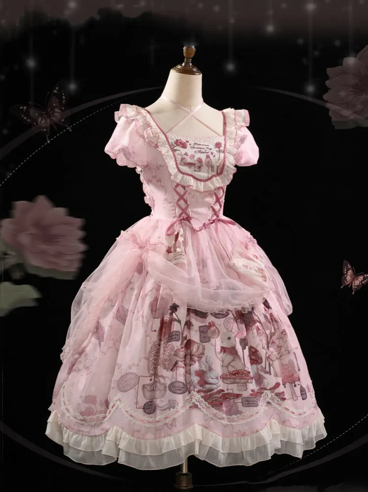 Taille gewellt rosa Trim Bunny Edge Prinzessin Kleid Rock Lolita Print Rüschen Baskisch