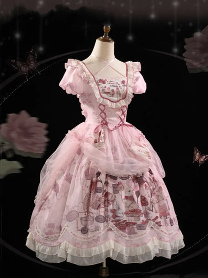 Taille gewellt rosa Trim Bunny Edge Prinzessin Kleid Rock Lolita Print Rüschen Baskisch