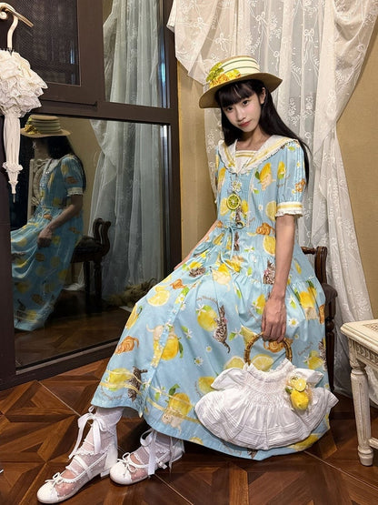Blue Sailor Collar Floral Print High Waist Dress with Cat Motif - Cutey Mask