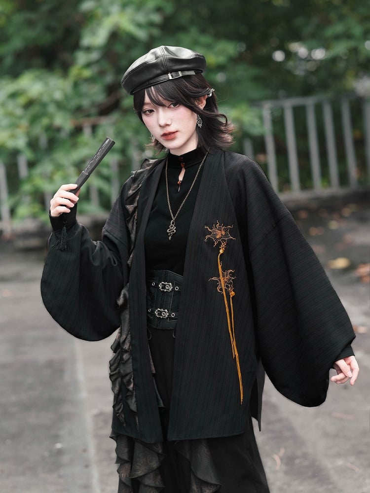 Gothic Black Pipa Sleeve Cardigan with Mandala Embroidery, Tassels and Ruffle Edging - Quirky Hut