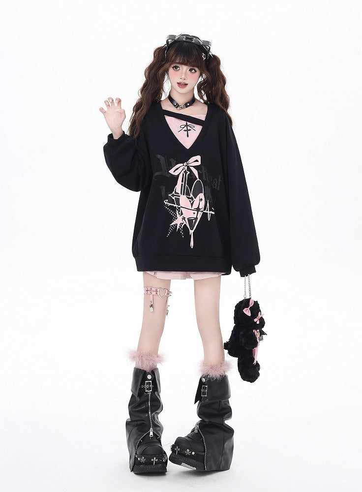 スウェットシャツ Vネック ハート＆リボンプリント ルーズ ツーピース ビタースウィート ブラック/ブルー フェイク