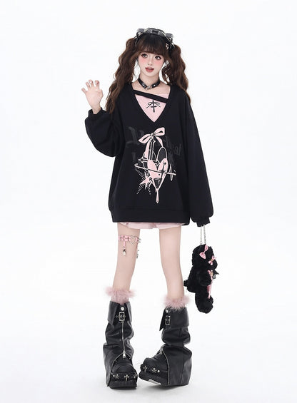 スウェットシャツ Vネック ハート＆リボンプリント ルーズ ツーピース ビタースウィート ブラック/ブルー フェイク