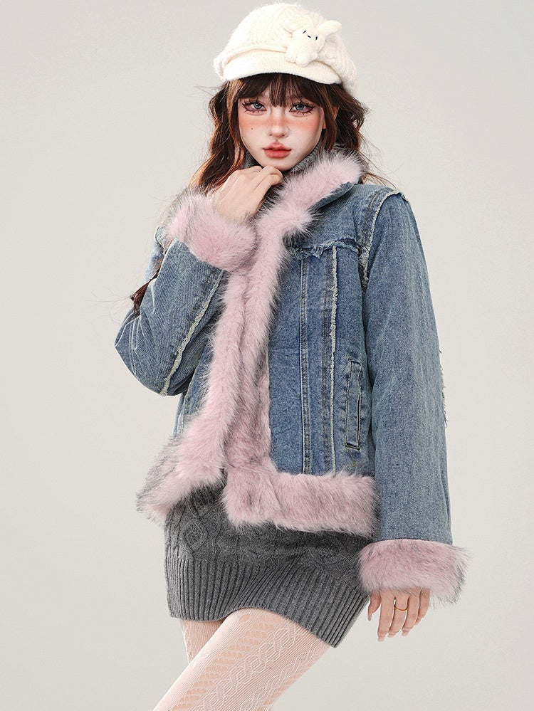 ブルーフェイクファートリム厚手デニムジャケット