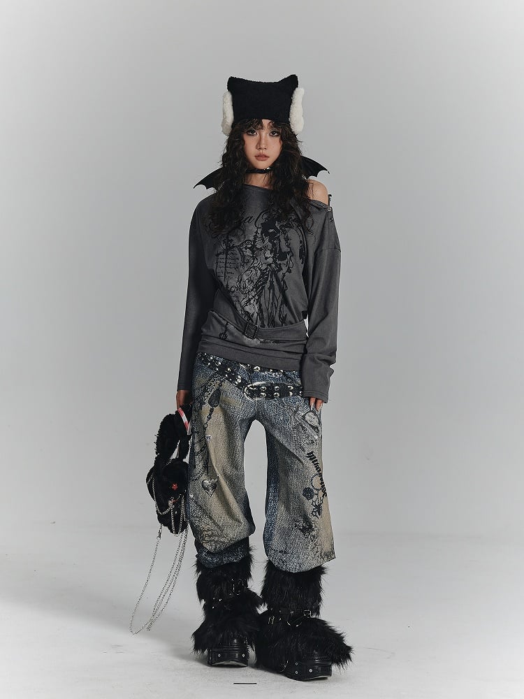 Square Print Gray Buckle T-Shirt Sleeve with Neck Long Asymmetrical Punk Strap Waist Black Graffiti