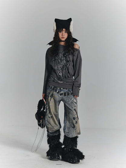 Square Print Gray Buckle T-Shirt Sleeve with Neck Long Asymmetrical Punk Strap Waist Black Graffiti