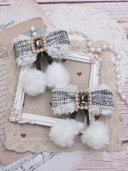 Tweed 5 Color Options With Hairclip Rhinestone Bowknot Jirai Pom-Poms Kei