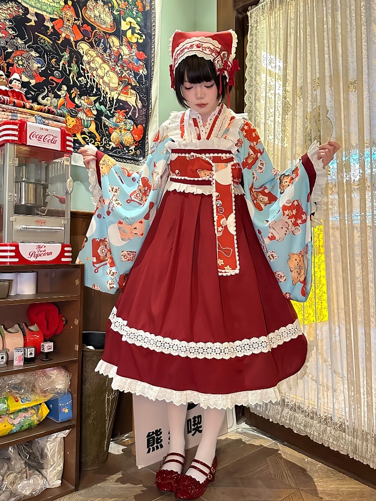 Wa Print + Bear Top Crossover Lace Dress Design Lolita Set Blue JSK Trimmed Red