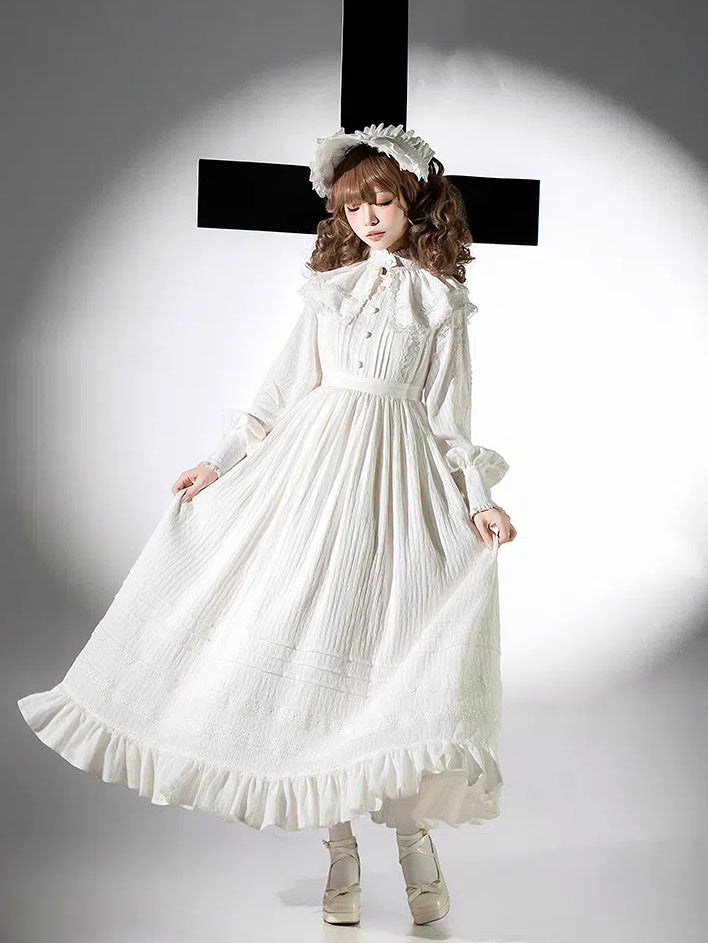 + ハイロングドレスゴシックシロウエストロリータカラースリーブホワイト