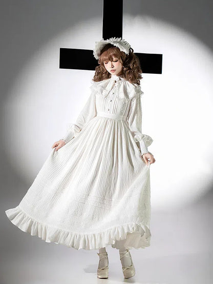 + ハイロングドレスゴシックシロウエストロリータカラースリーブホワイト