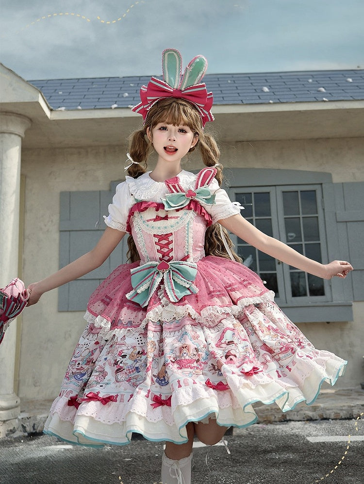 Pink & Green Alice Cat Vibes Sweet Lolita Jumper Skirt with Polka-dot Apron - Mewroco