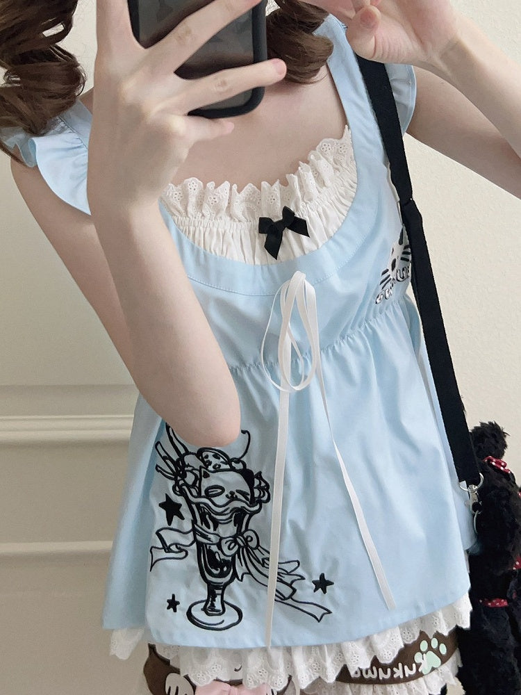 Daily Blue Two-piece with Kawaii Trim Sleeves T-shirt Lace Flutter