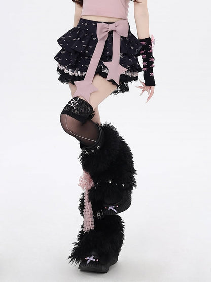 Allover Bowknot Print Gefütterter Stufenrock Schleife Große Borte Rosa Schwarze Spitze