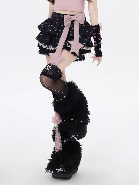 Allover Bowknot Print Gefütterter Stufenrock Schleife Große Borte Rosa Schwarze Spitze