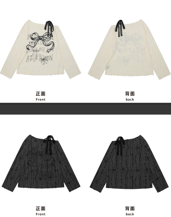 グレー/ミルクホワイト ボウコント アシンメトリーネックライン トップス