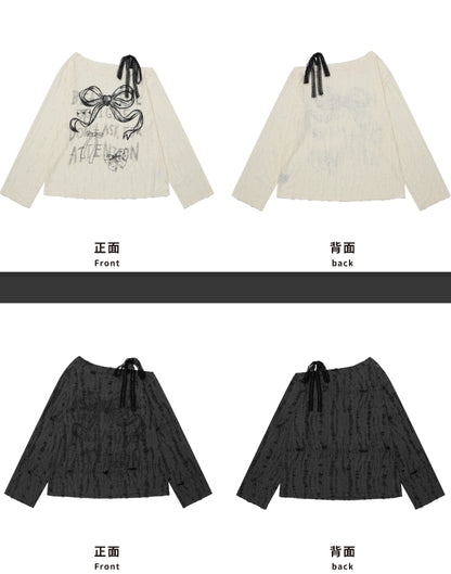 グレー/ミルクホワイト ボウコント アシンメトリーネックライン トップス