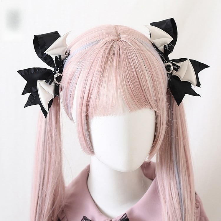 8 Colors Jirai Kei A Pair of Bowknot Hairclips With Wings and Heart - shaped Charms
