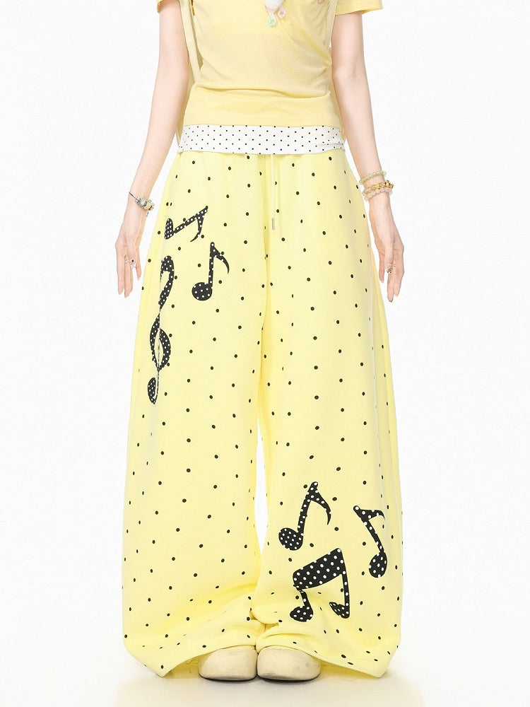 Yellow Polka-Dot Wide-Leg Pants with Music Notes - Languid Park