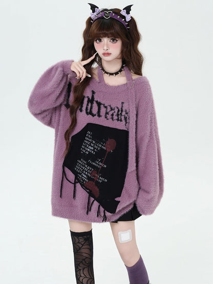 Black/Wine Red/Purple Letter Graphic Halter Neck Loose Sweater