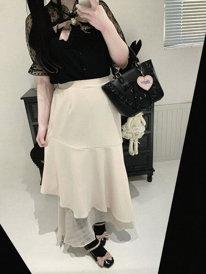 Asymmetrical Mermaid Skirt with Plaid Tulle, Seiso Style, 4 Colors - Kitty Bxllet