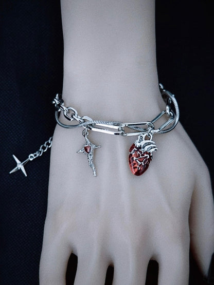 Charm Bracelet Silver Cross and Heart Gothic Handmade